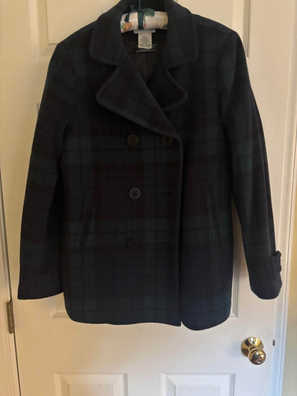 LLBean Blue and Green Plaid Primaloft Wool Pea Coat